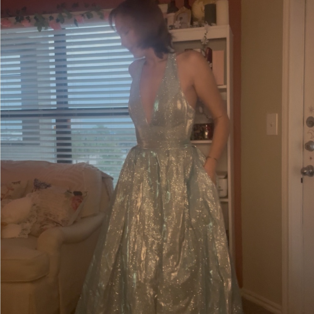 Mac Duggal Shimmering Light Blue Prom Gown
